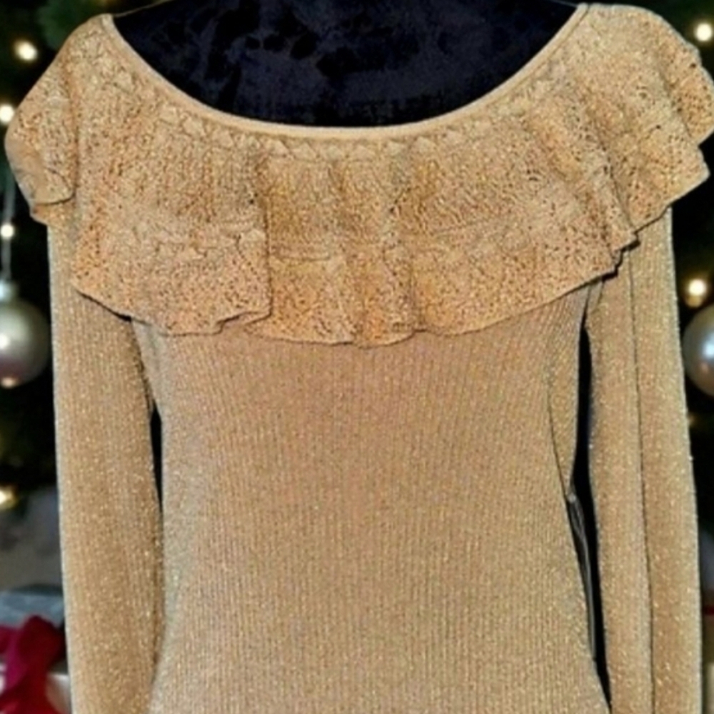 Lauren Ralph Lauren Gold Metallic Sweater Small Ruffle Crochet Pointelle Collar - Picture 4 of 9